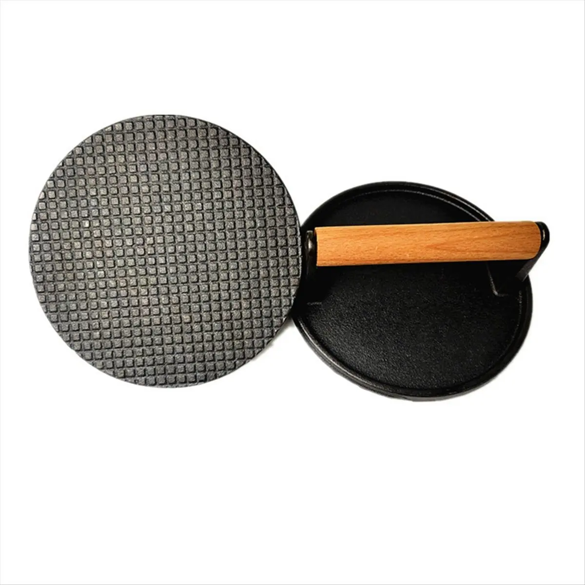 M10K Burger Press 7Inch Round Cast Iron Smash Bacon Press Meat Steak with Wood Handle for Griddle, Sandwich, Nonstick Pan