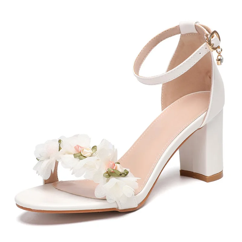 

Fashion Summer Lace Flowers Women Sandals Big Size 35-43 Thick High Heels Shoes Woman Sweet Girls Party Prom Shoes for Women