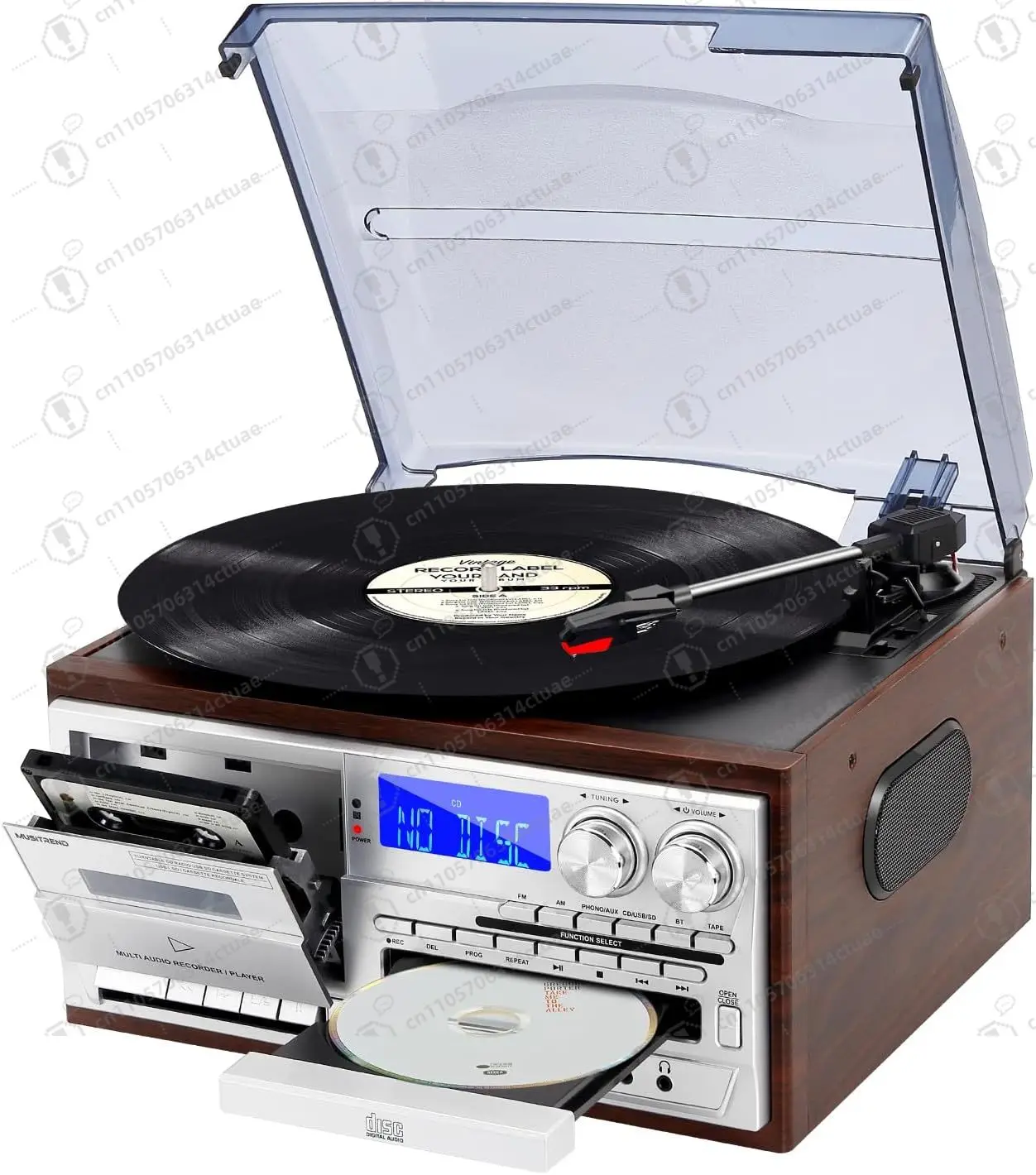 

Vintage Record Player 9-in-1 Bluetooth Turntable with CD Cassette Vinyl AM/FM Radio USB SD Playback Aux-in RCA Line-Out