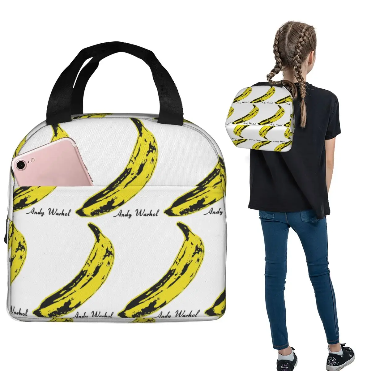 Andy Warhol Sunset Cat Cattle Banana Insulated Lunch Bag for Women Kids Portable Food Boxes Thermal Lunch Box Tote