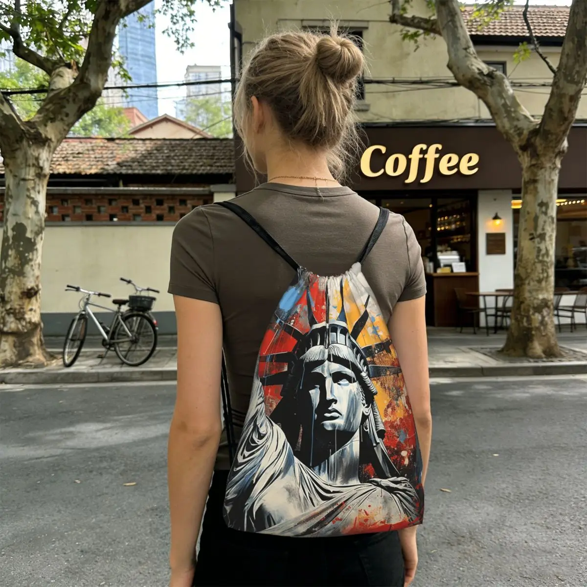 Statue Of Liberty Graffiti Print Backpacks Fashion Drawstring Bundle Pocket Sports Bag Book Bags for Man Woman Students