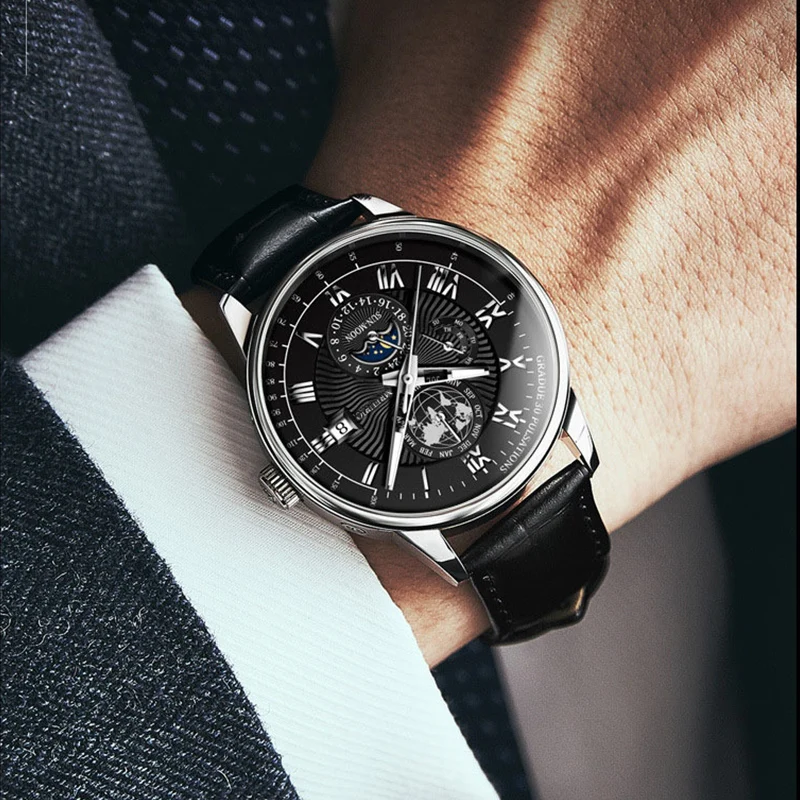 ساعة رجالية بتصميم الأعمال الأنيقة بحزام جلدي فاخر كوارتز ساعة بسيطة دائرية بمينا روماني ومقياس الوقت