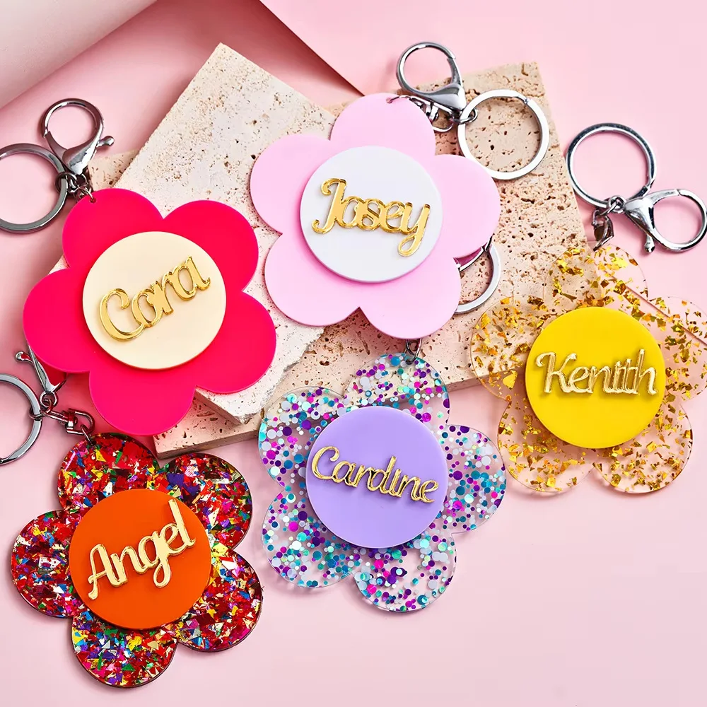 Business Wholesale Acrylic Custom Name Keychain Flower Shape Colored Nameplate Tag Personalized Bag Charm Key Ring Company Gift