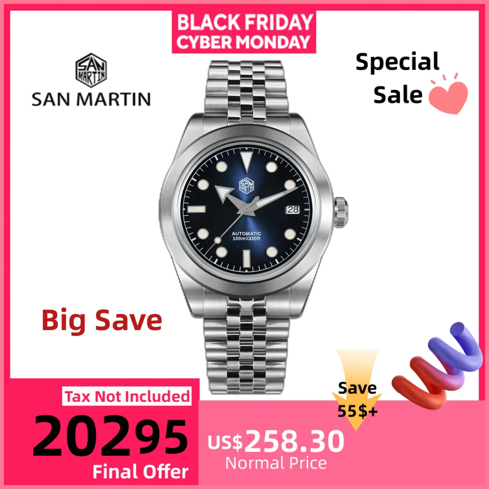 

San Martin 39mm Sunray Enamel Dial NH35 Watch For Men Sports Wristwatch 5-Link Bracelet Swim Waterproof Reloj Hombre SN0053
