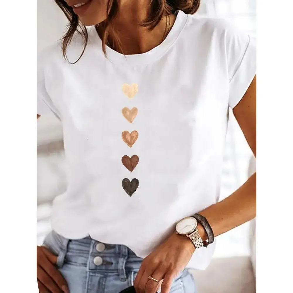 Herz-Print Damen Sommer T-Shirt Mädchen O-Ausschnitt Lustige Y2K Tops Weibliche 90er Lässige Kleidung Casual Ästhetik Kurzarm-Shirt