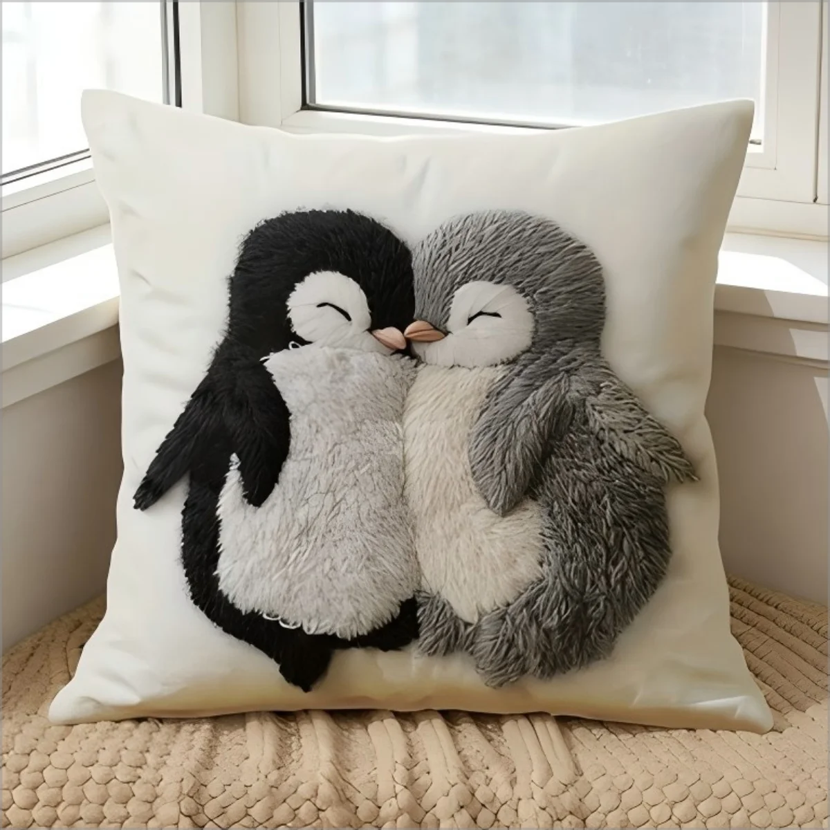 Cute Hugs Penguins Pillow Cover 2D Style Fluffy Penguin Couple Print Cushion Case for Sofa Couch Cozy Home Decor