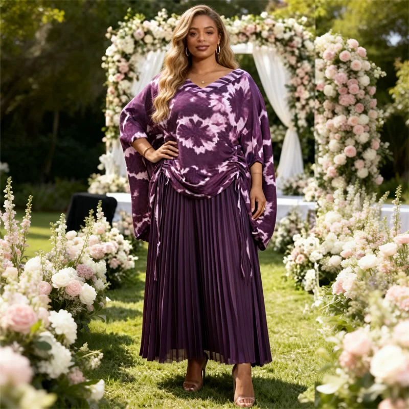 New African drawstring loose waist fashion print + wide leg culottes Miyake pleated large size two piece suit for women