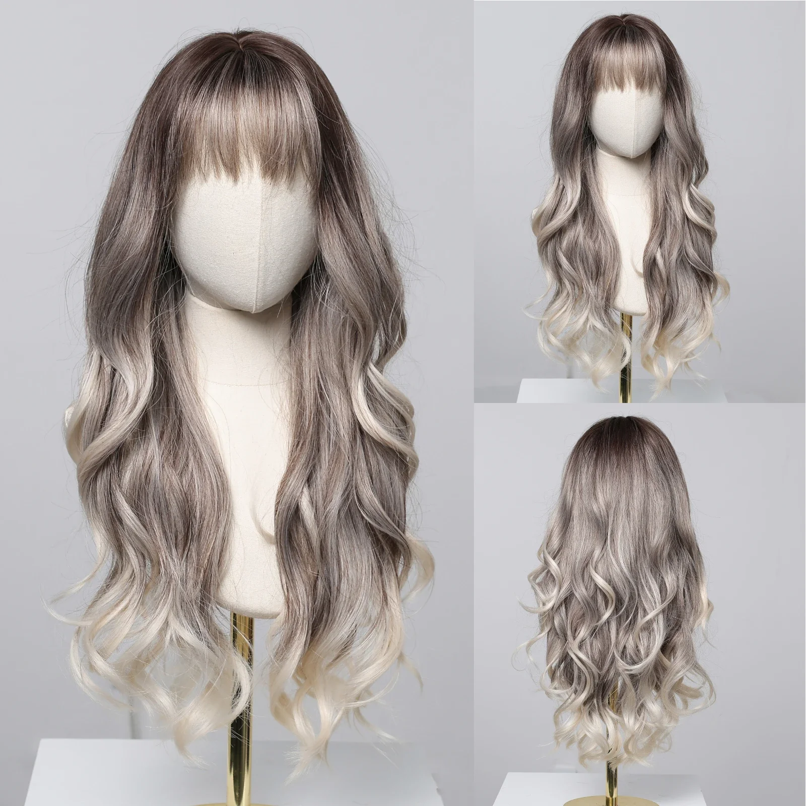 

Long Natural Wavy Ash Brown Blonde Ombre Synthetic with Bangs for Women Heat Resistant Cosplay Party Daily Wigs