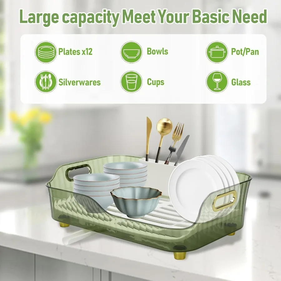 Stendino per piatti, Stendino per piatti in plastica, Scolapiatti di grande capacità, Stendino per piatti salvaspazio, Drenaggio per cucina trasparente Ra
