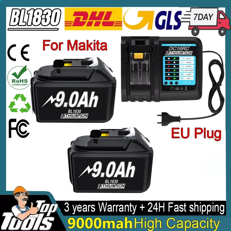 Batteria di ricambio al litio da 9000 mAh per Makita BL1830 18V, compatibile con trapani Makita BL1830 BL1860 BL1890, ricaricabile.
