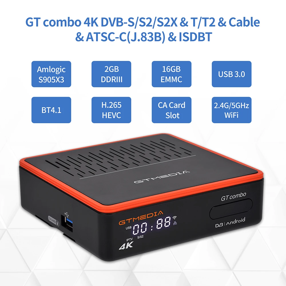 GTMEDIA GT COMBO Satellite Receiver Android 9.0 TV BOX+DVB-S/S2/S2X,DVB+T/T2/Cable/ATSC-C,Built in 2.4/5G WiFi BT4.1 LACAM Suit