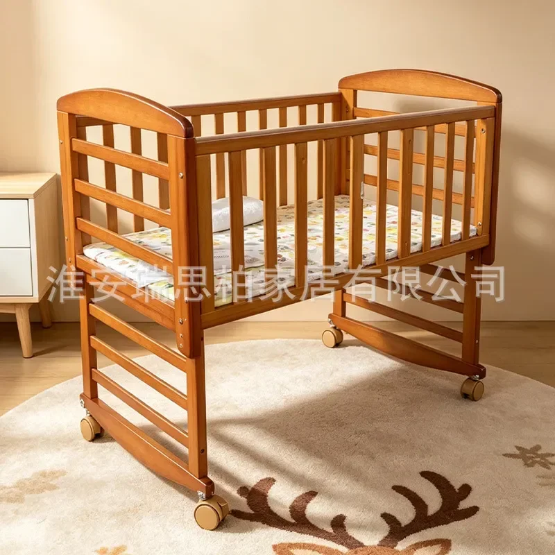 Solid Wood Bed Multifunctional Movable Cradle with Fence Splicing Bed Factory Direct Sales