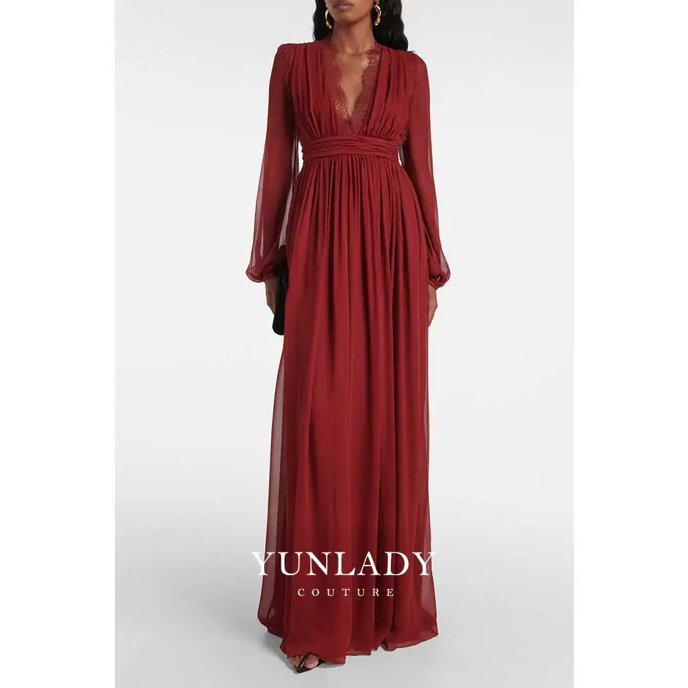 

YUNLAN Customized Burgundy V-neck Chiffon Evening Dress 2025 Saudi Arabia Women Special Occasion Formal Party Puff Sleeve Dress