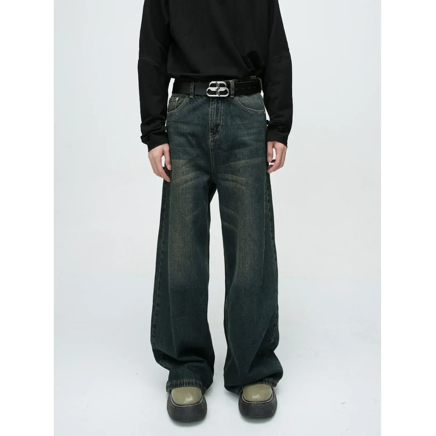 

Jean Full Length Straight Pants Men Denim Distressed Vintage Washed Zipper Fly Jeans Pockets Loose High Waist Coated Winter Man