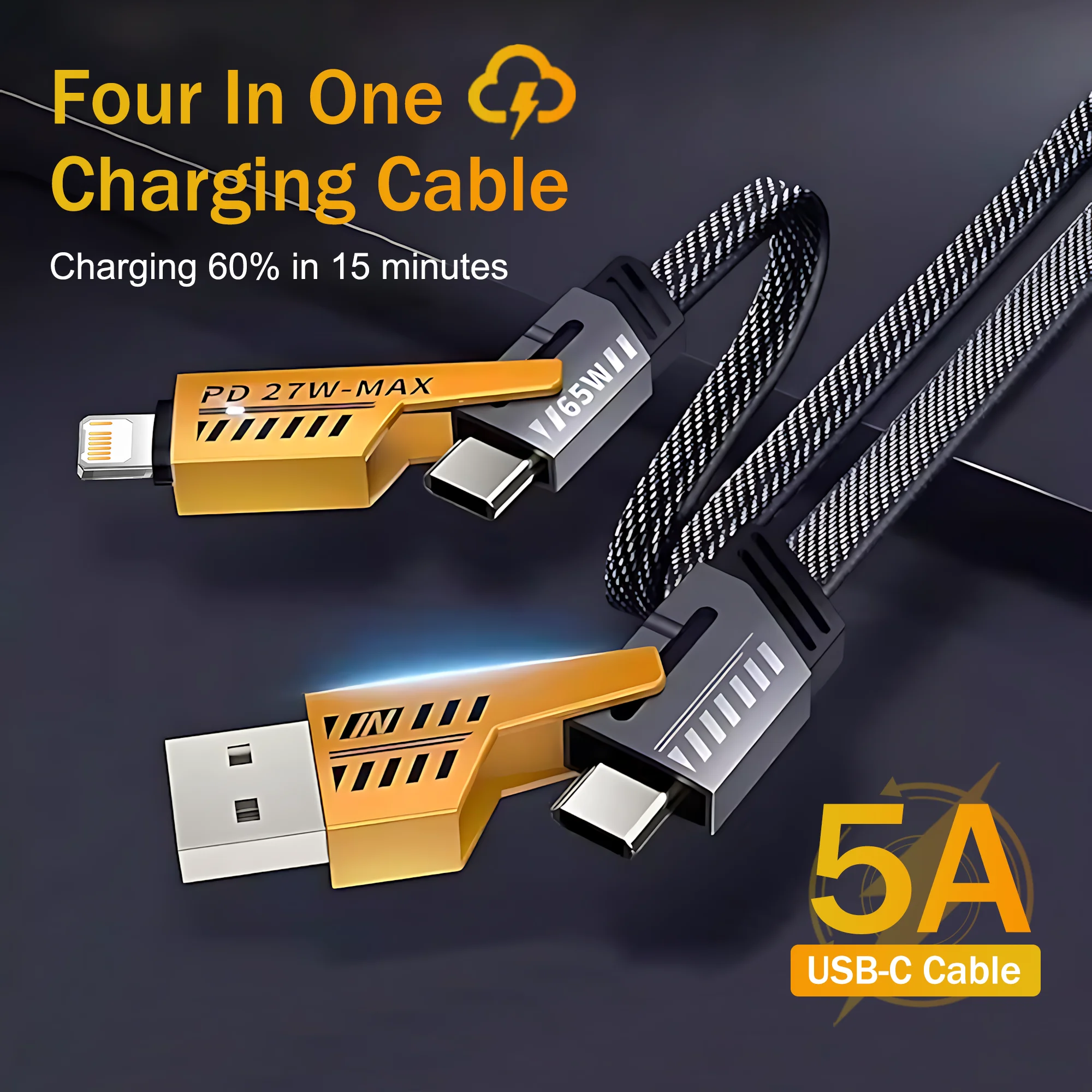 65W 4 Ports Cable Four In One Fast Charging USB A Type C For Samsung Xiaomi Redmi For iPhone Phone Quick Charge Accessory 1M 2M