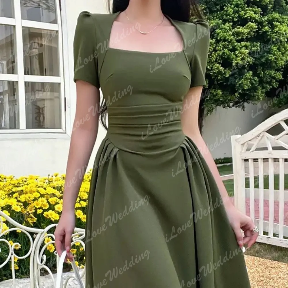 Customized Simple Cocktail Dresses Elegant Prom Dress 2025 Women Square Neck Chic French Design Slim Waist Retro Green Dresses