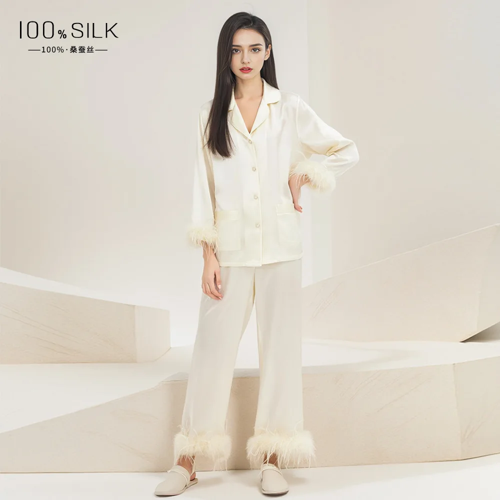 High Quality 19momme Feather Stitching Detachable Real Silk Pajamas Women's Autumn and Winter Long-Sleeve Suit Outer Wear Home