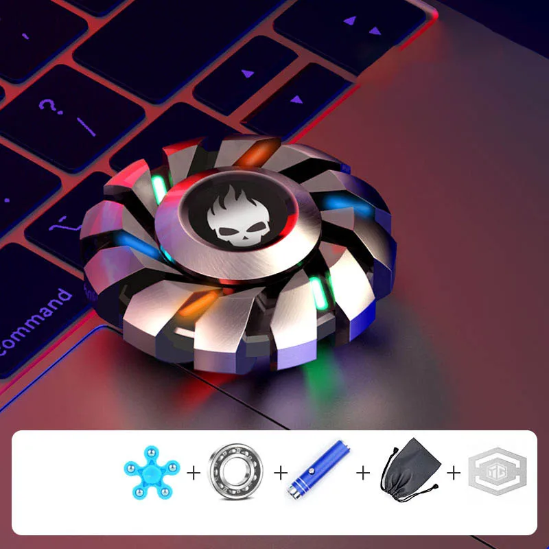Conjunto de luxo luminoso fidget mão spinner edc metal alívio do estresse arco-íris luz mágica metal dedo giroscópio brinquedo para presente adulto