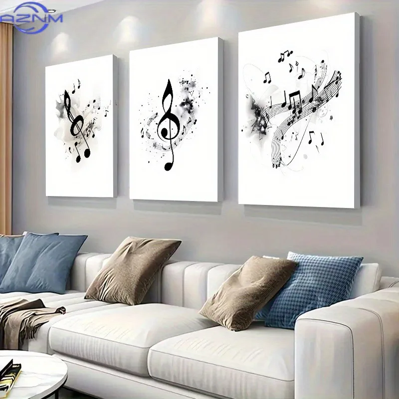 Valentine'S Day 3pcs Fashion Black And White Music Symbol Canvas Art Set - Modern Unframed, Ink Print Wall Decor for Home, Off
