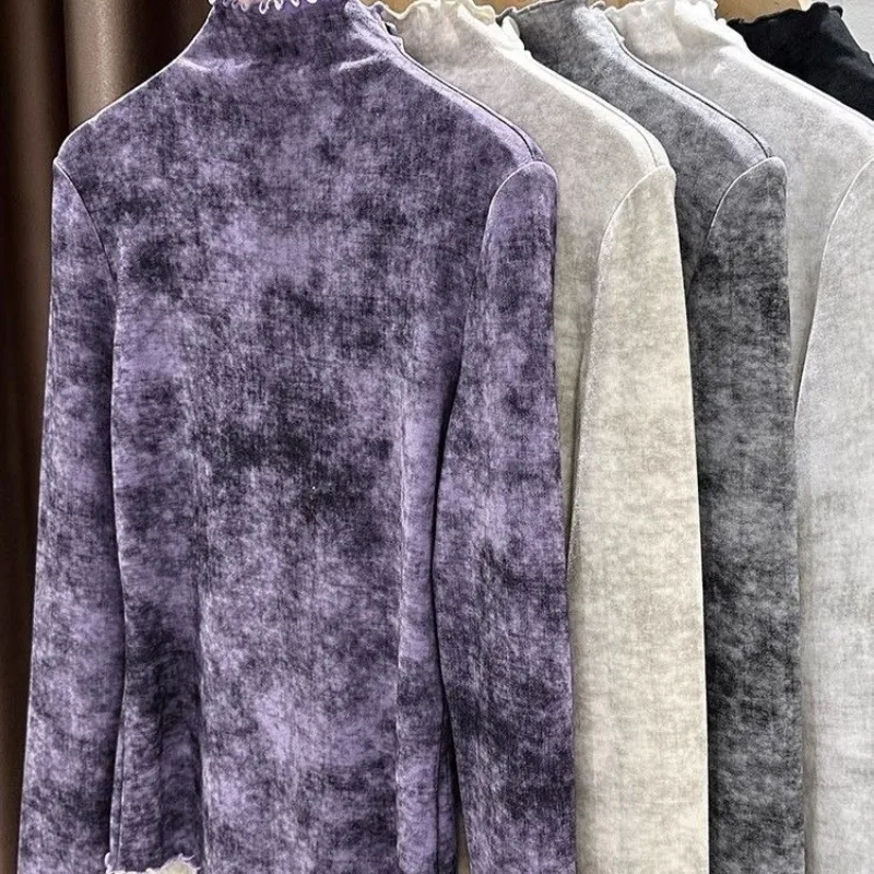 Autumn Winter Tie Dye T Shirt For Women Turtleneck Basics Elegant Slim Fit Ropa De Mujer  Fashion Versatile Warm Tees