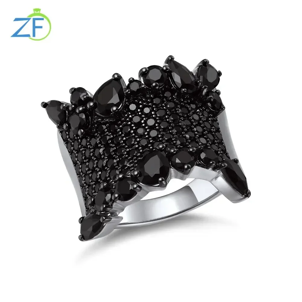 

GZ ZONGFA Pure 925 Sterling Silver Ring for Women 4 Carats Natural Black Spinel Gemstone Cocktail Fine Jewelry Christmas Gifts