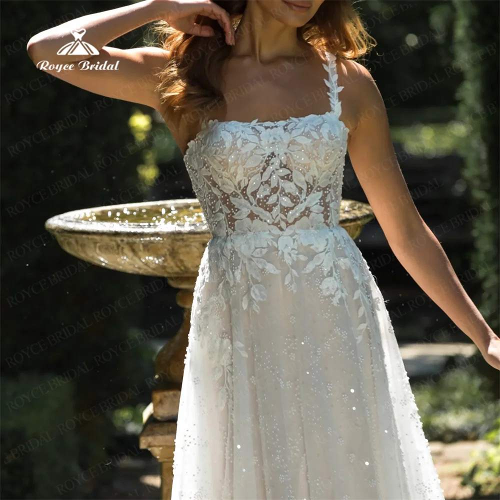 Roycebridal-vestido de novia de corte en A con cuello cuadrado, traje de boda con tirantes finos, corte en tren, 2025