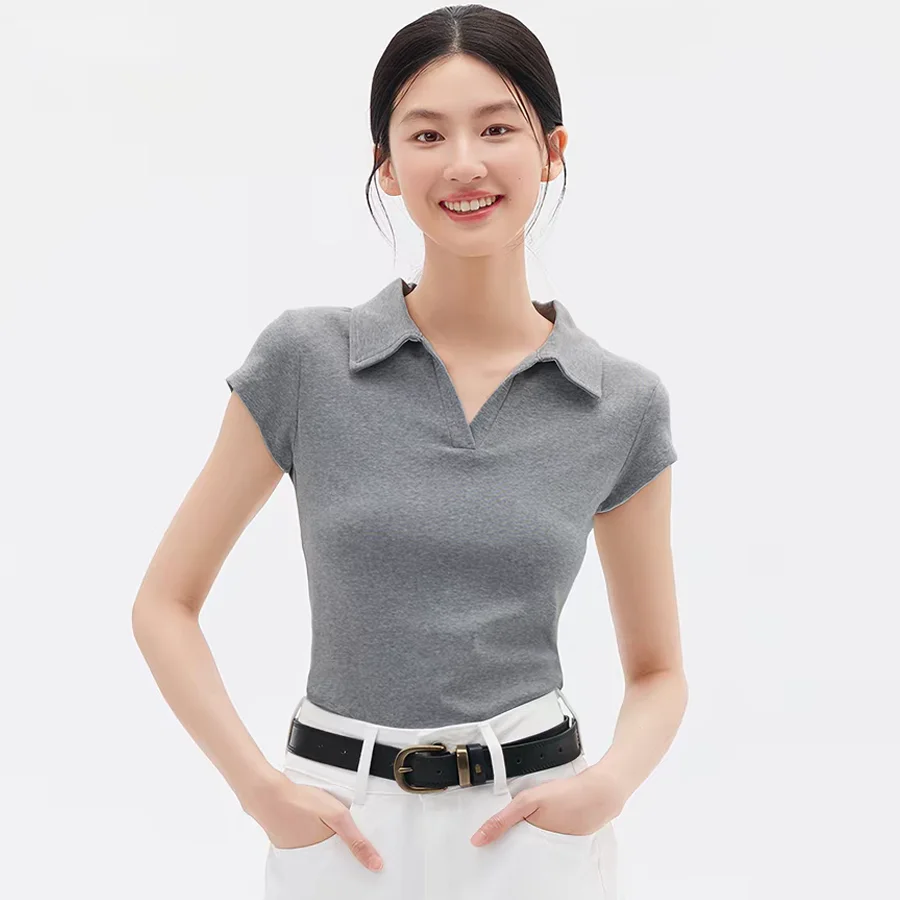 Women's Summer Korean Style Slim Fit Cropped Polo Shirt,Short Sleeve V Neck Ribbed Knit Crop Top,Casual Form Fitted Crop Tee