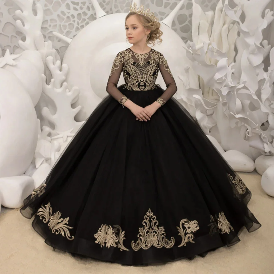 Black Luxurious Flower Girl Dress For Wedding Tulle Puffy Gold Applique Long Sleeve Birthday Party First Communion Ball Gowns