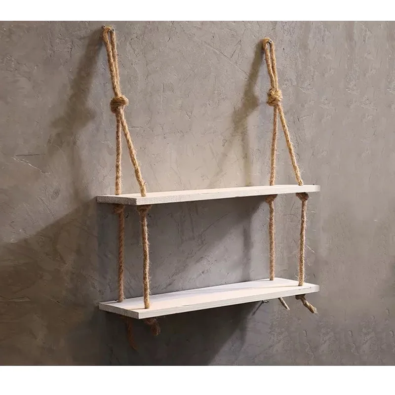 2 Tier Wood Floating Wall Swing Storage Shelves, Jute Rope Organizer Rack, Wall Shelf Plant Shelf Rope Shelf Storage