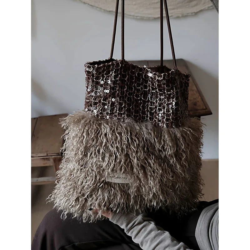 

Новая женская сумка-тоут из искусственного меха и шерсти, теплая плюшевая сумка-бостон, простая универсальная осенне-зимняя сумка через плечо