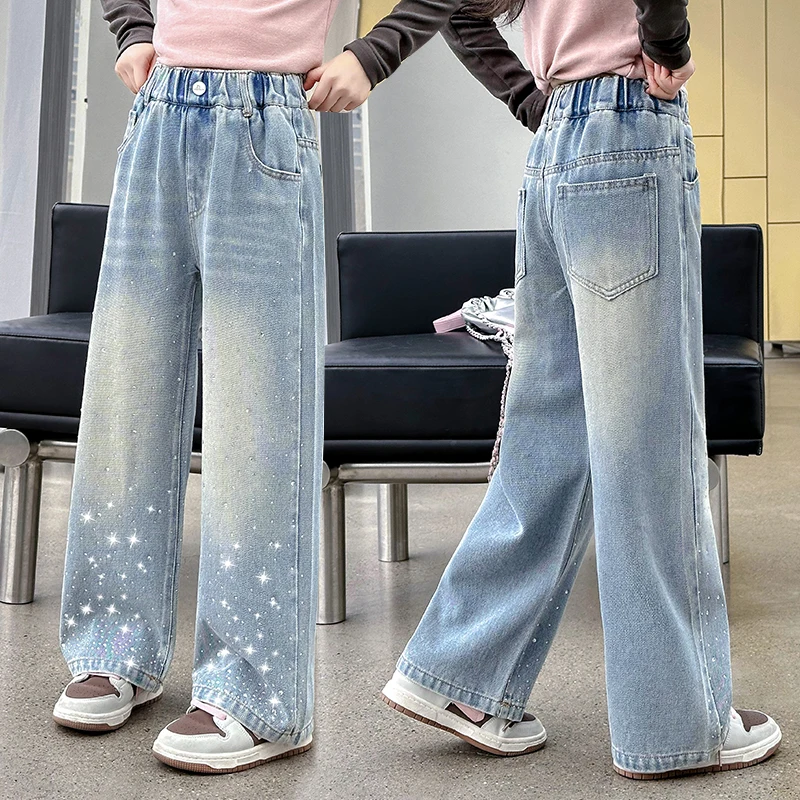 

New Autumn Kids Girls Wide-Leg Jeans With Rhinestone Elastic Waistband Denim Pants Children Casual Crystal Jeans Trousers 4-14Y
