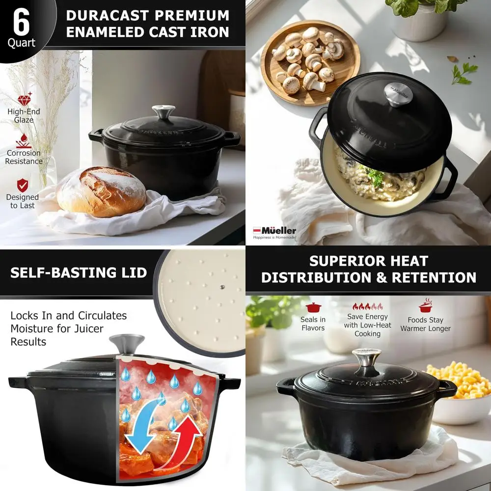 

6-Quart Cast Iron Dutch Oven, Enamel Coated, Oven-Safe to 500°F, Multi-Cooktop Compatible, Casserole Dish with Lid and Knob, Bla