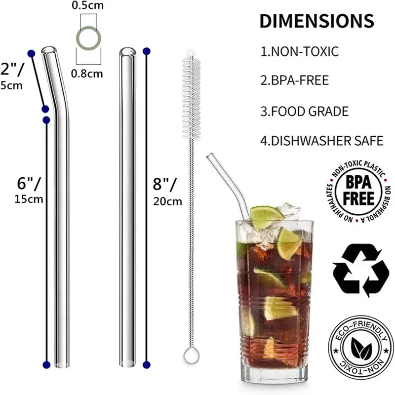 200*8mm MultiColor Glass Straws for Smoothies Cocktails Drinking Straws Healthy Reusable Eco Friendly Straws Drinkware Accessory