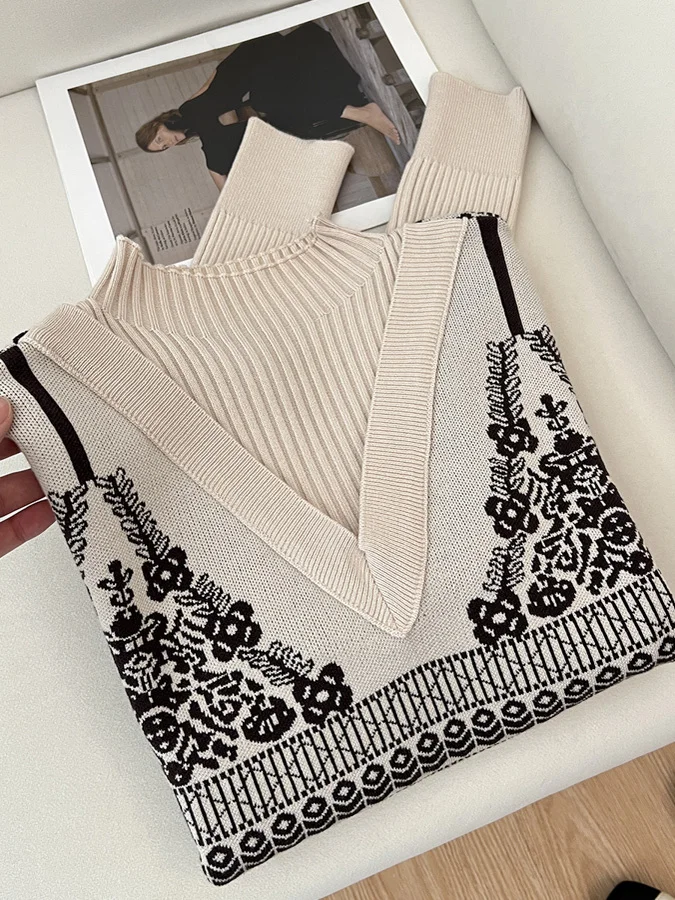 

High-End Retro Knitted Base irt Women's Faux Two-Piece Regular Fit Long Sve f High Collar Pure Color Elastic Wool Blend