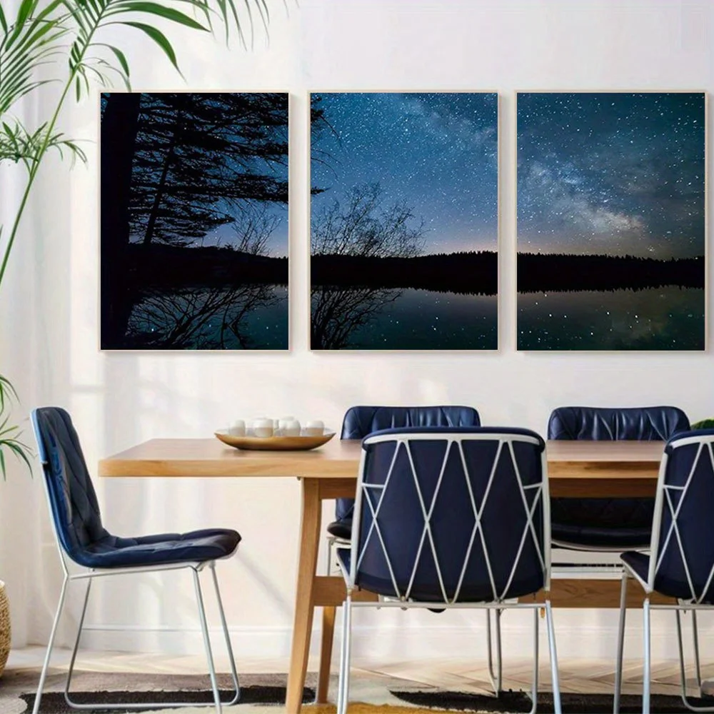 2D Flat, 2D Flat, Set of 3 Unframed Canvas Prints Depicting The Milky Way Galaxy Over a Dark Forest Lake, Showcasing Realisti
