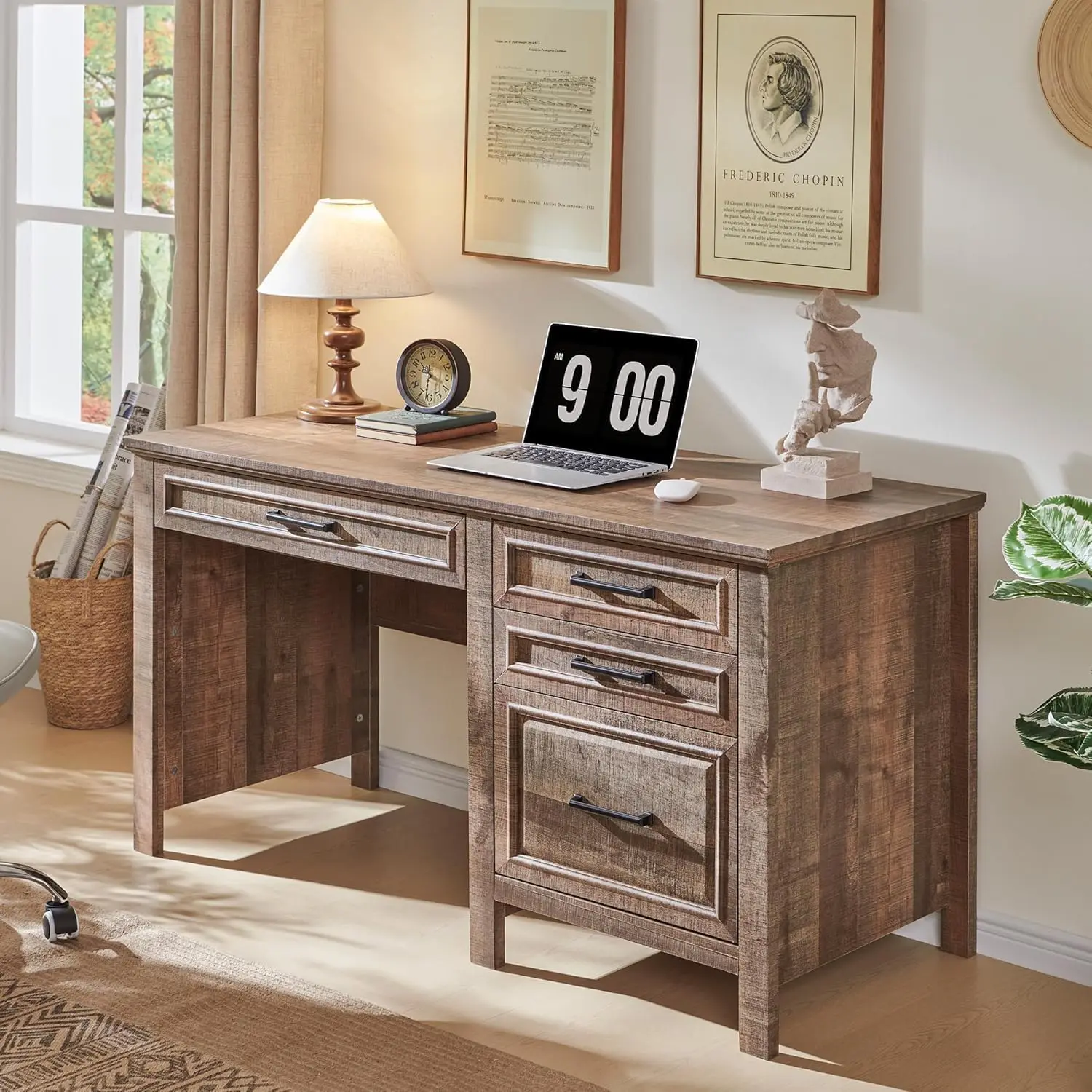 Home Office Desk, Modern Farmhouse Computer Desk with File Cabinet Letter T4 F4 Legal, Study Writing Desk, 53/59/66 Inch