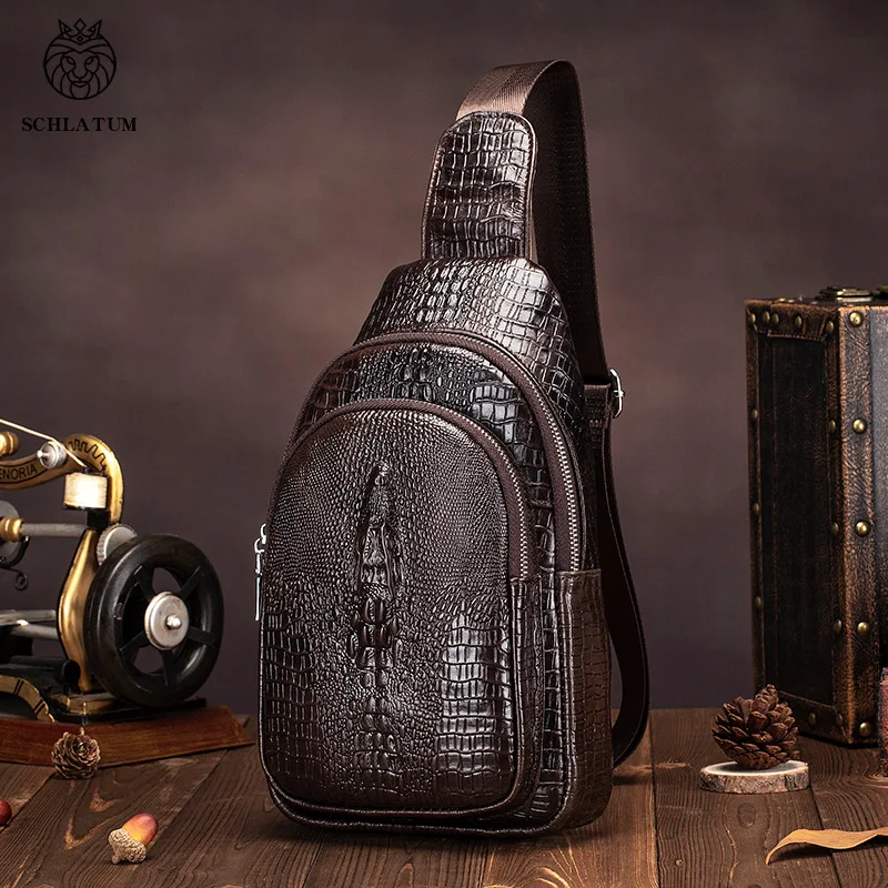 

Crocodile pattern men's genuine leather shoulder breast bag first layer cowhide crossbody trend front satchel large capacity ret