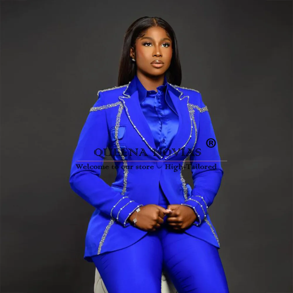 Elegante Royal Blue abiti donna cristalli giacca di perline pantaloni 2 pezzi madre della sposa vestito su misura Business Ladies Prom Blazer