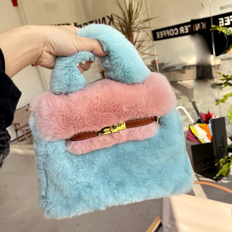 Korean Version Of The New Rex Rabbit Women\'s Handbag High Quality Fashion Autumn Large Capacity Single Shoulder Charm Fur Bag