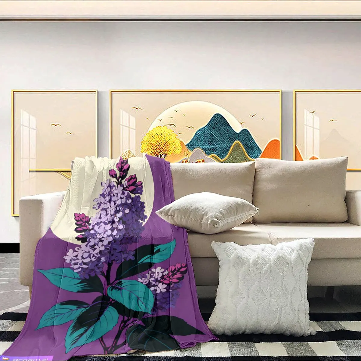 Large Floral Purple Lilac Botanical Print Throw Blanket Cozy Couch Sofa Decor Decorative Fleece Knit Home Living Room Gift