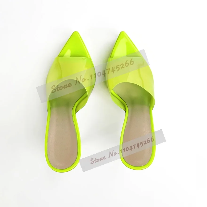 

Neon Yellow Clear Pvc High Heel Muels Thin High Heel Platform Outside Modern Slippers Pointed Toe Slip-On Dress Sandals