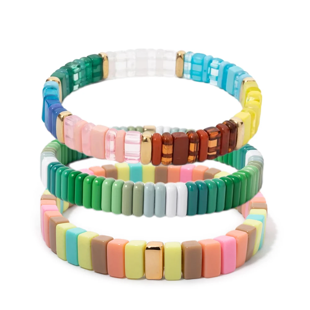 Green Coffe Color Theme Beaded Bangle Set For Women Handmade Boho Colorful Wrap Layered Hand Wrist Jewelry Sets