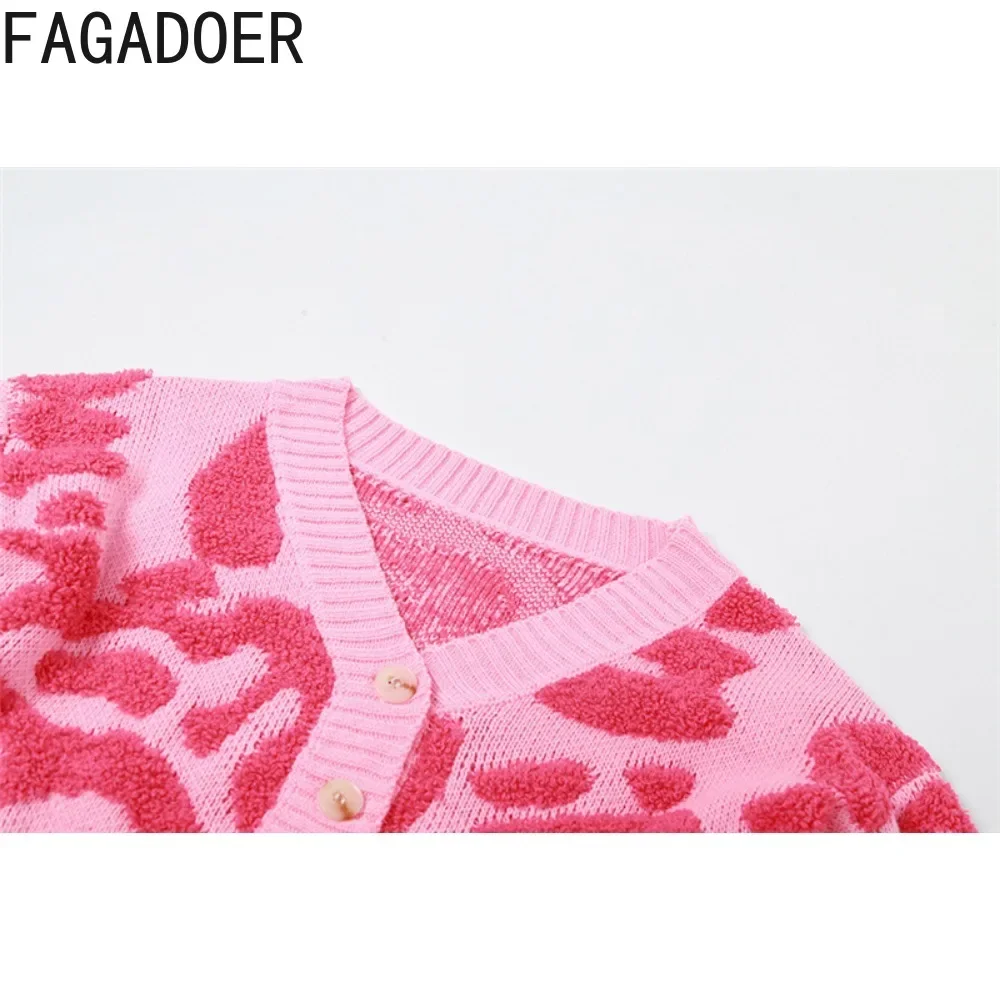 FAGADOER Fashion Sweet Knitting Slim Crop Tops Women V Neck Button Long Sleeve Patchwork Coat Autumn Lady Print Sweater Cardigan