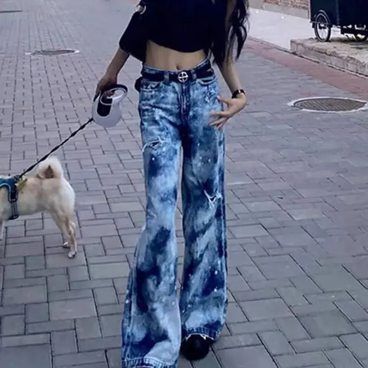 American Camouflage Wide-Leg Ripped Jeans Women'S Summer New Design High-Waist Jeans Loose Straight Trousers