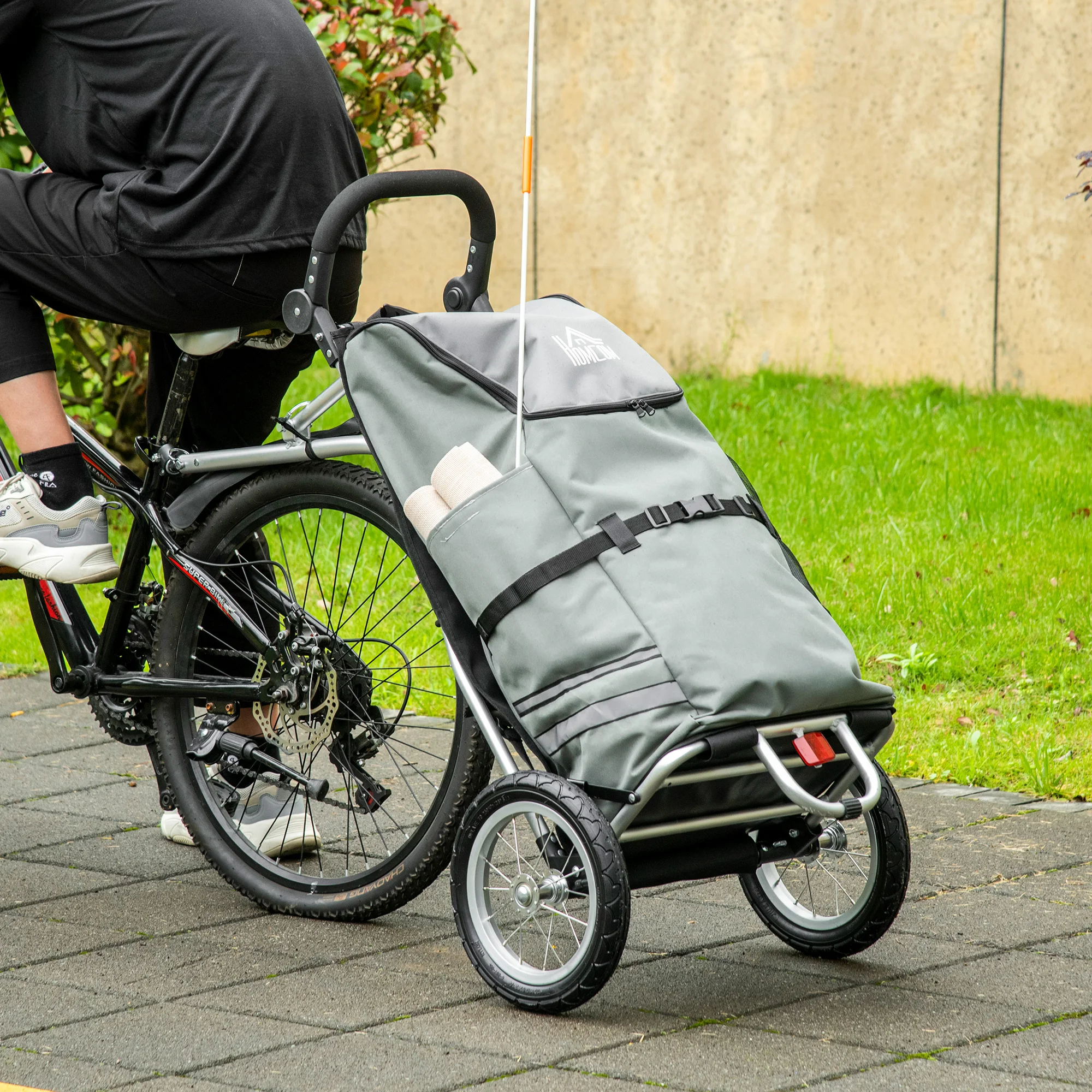 Remorque de vélo et chariot de courses 2-en-1, capacité 55L, charge maximale 24,3 kg, pliable, accouplement à dégagement rapide, sac amovible, tissu Oxford et cadre en aluminium, bandes réfléchissantes, gris et argent, 53x43x110cm
