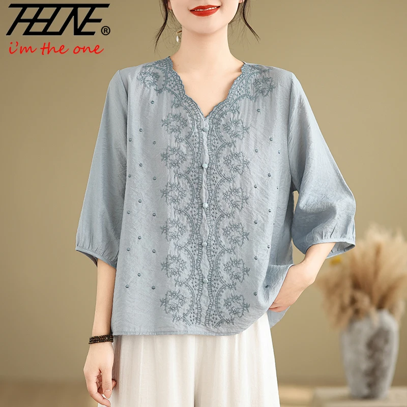 

THHONE Women Blouses Shirts Korean Style Cotton Linen Embroidery V-Neck Loose Vintage Elegant Casual Women's Clothing Oversize