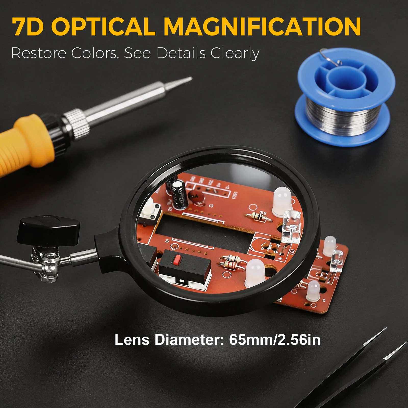 Toolour 7X Magnifying Glass with Strong Magnet Base Metal Flexible Arm 65mm/2.56in Glass Lens for Bed Work Crafts DIY Repair