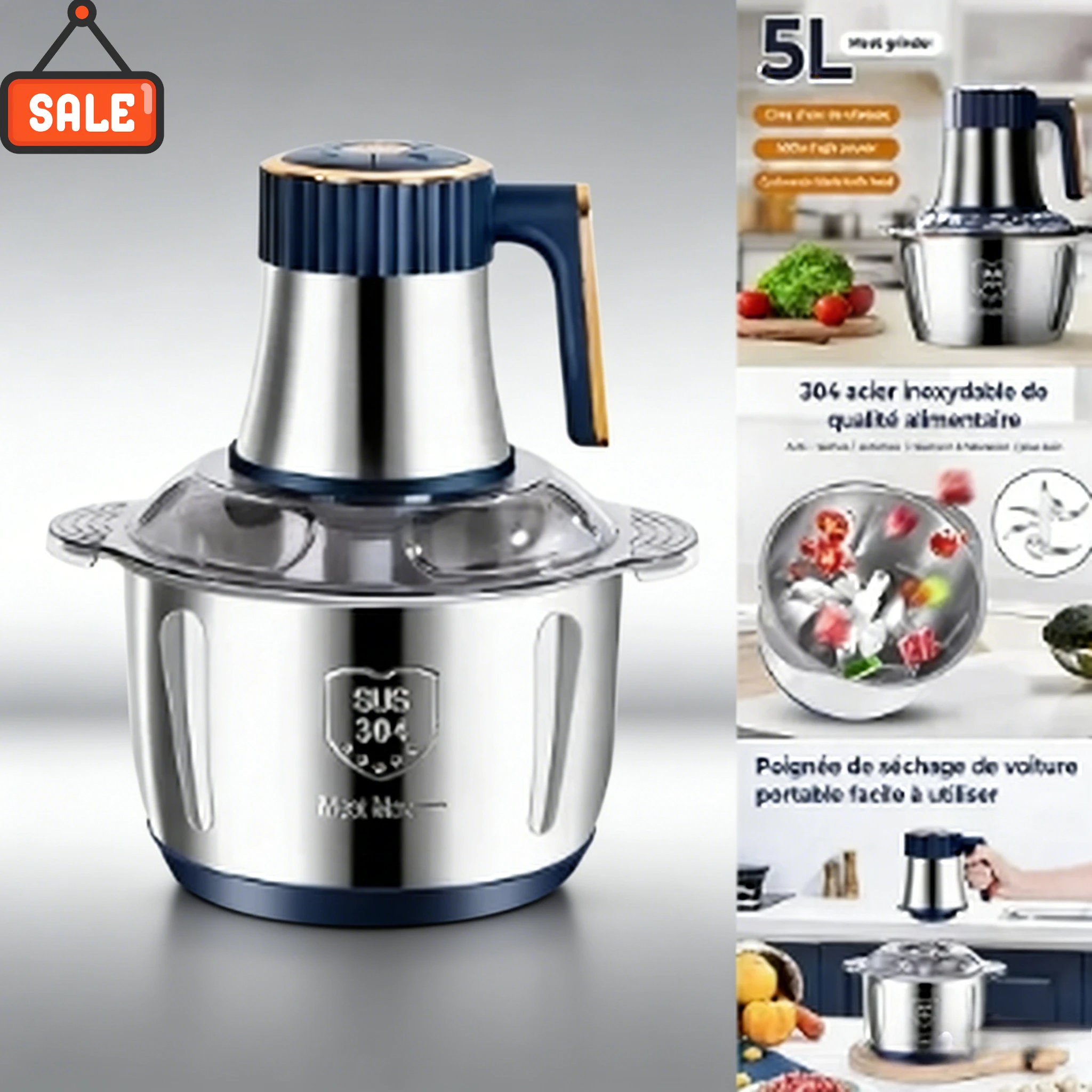 5L Electric Meat Grinder Stainless Steel Multifunctional Food Processor Vegetable Slicer Blender for Kitchen