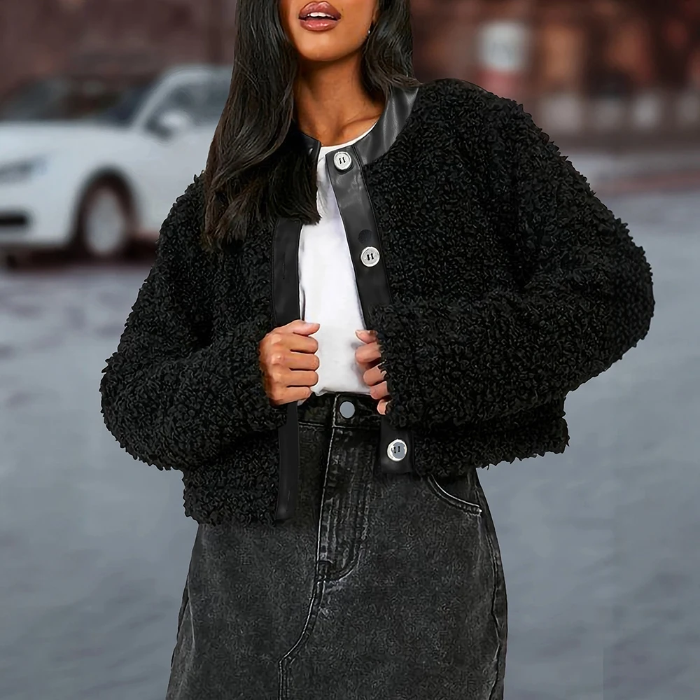 

Women's Casual Patchwork Leather Jacket Imitation Fur round Neck Long-Sleeved Short Coat for Autumn Winter European American