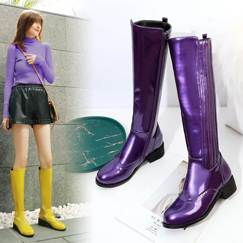 2024 New Winter Patent Leather Women Boots Warm Plush Knee-high Zipper Boots Riding Woman Boots Shoes Purple Black Platform Boot